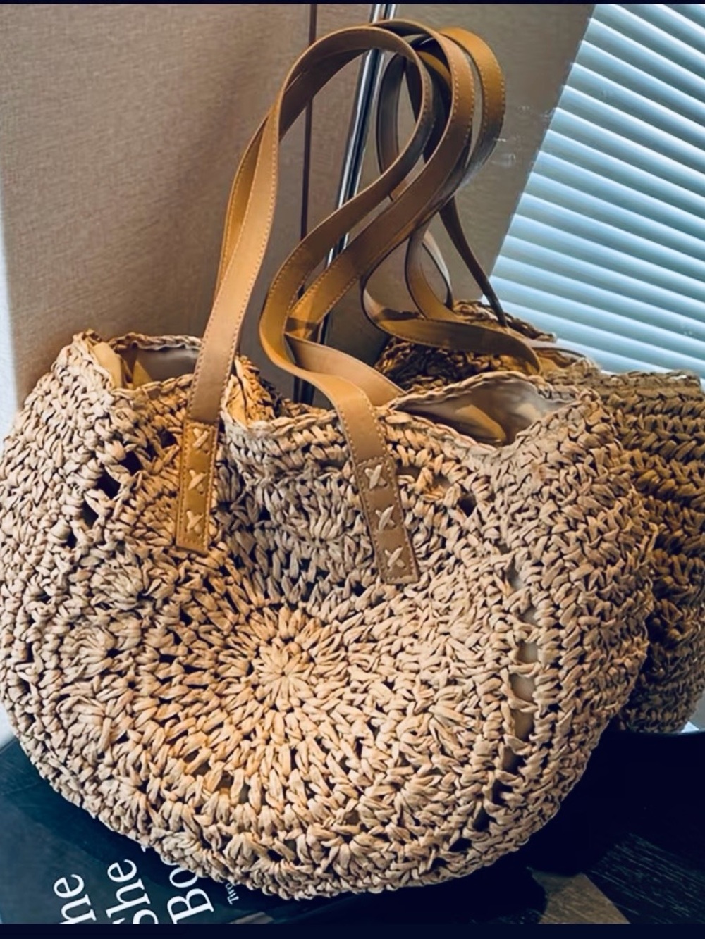 Woven Straw Tote Bag with Tan Leather Handles crochet mandala boho